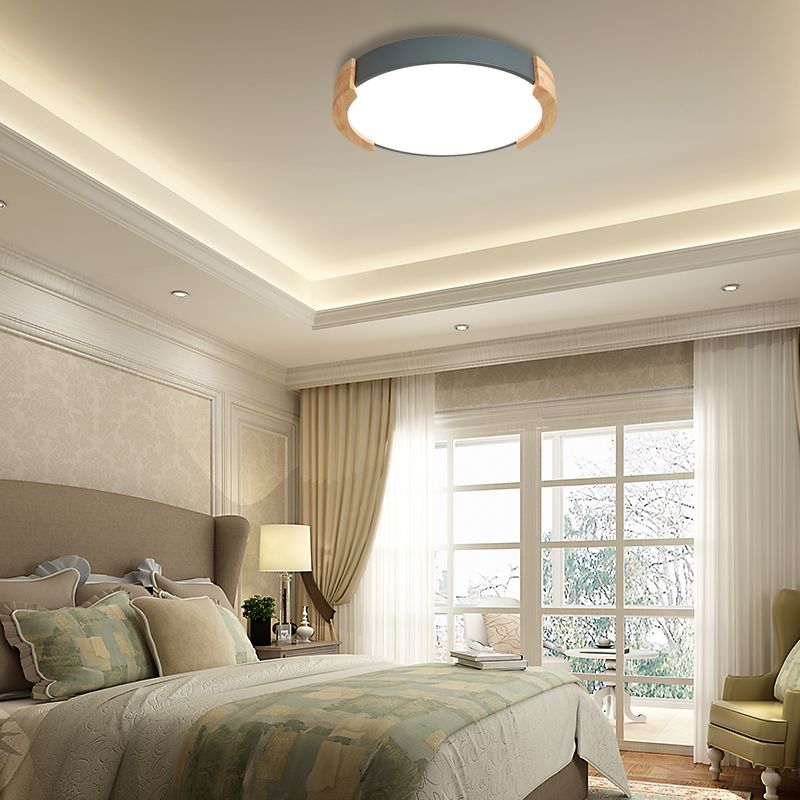 Iron Thin Round Flush Light Nordic Grey/White/Green Ceiling Mounted Fixture with Wood Side Guard for Bedroom
