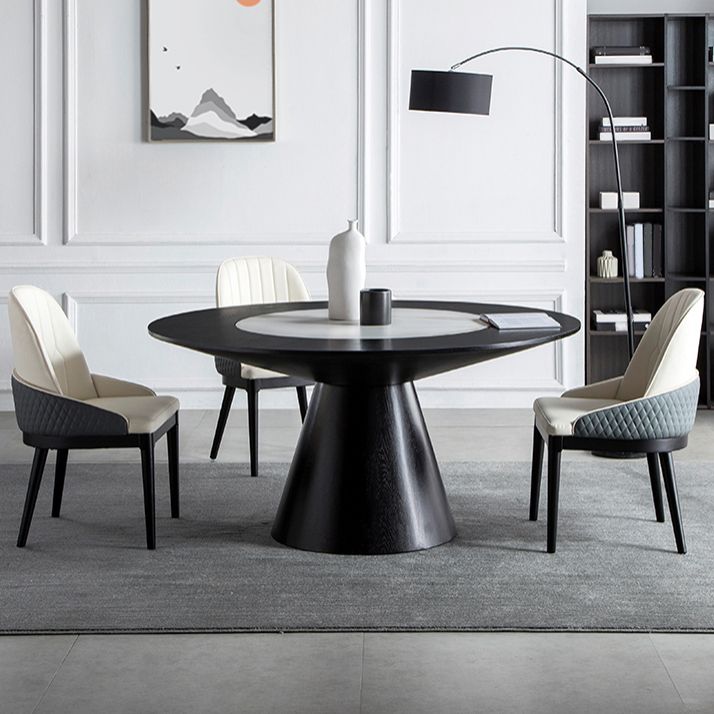 Solid Wood Table Set 1/4/5/7 Pcs Black Pedestal Dining Table with Upholstered Chair