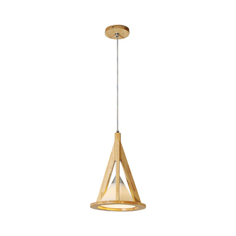 Modern Cone Pendant Light Wood & Frosted Glass Hanging Light in Beige for Coffee Shop