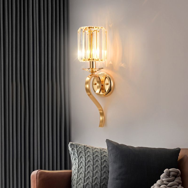 Half Cylinder Shade Crystal Wall Sconce Modern Style 1 Light Wall Mounted Light in Gold