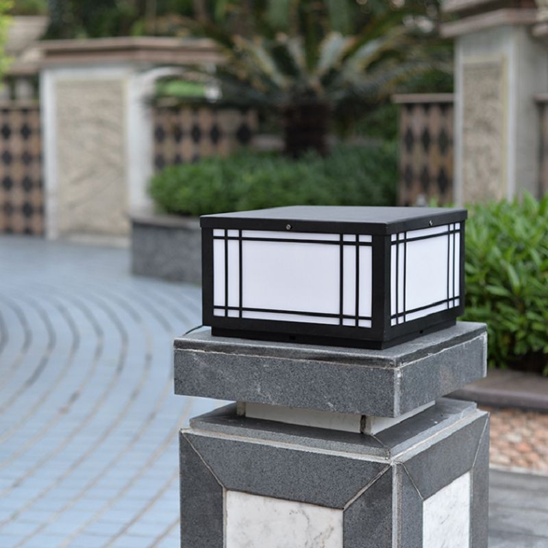 Black Solar Energy Pillar Lamp Modern Metal Square Outdoor Light for Garden