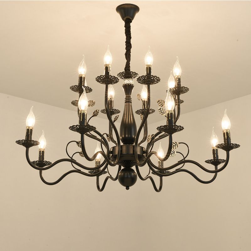 Metal Swooping Arm Hanging Chandelier Traditional 6/12/16 Lights Living Room Pendant Light in Dark Brown