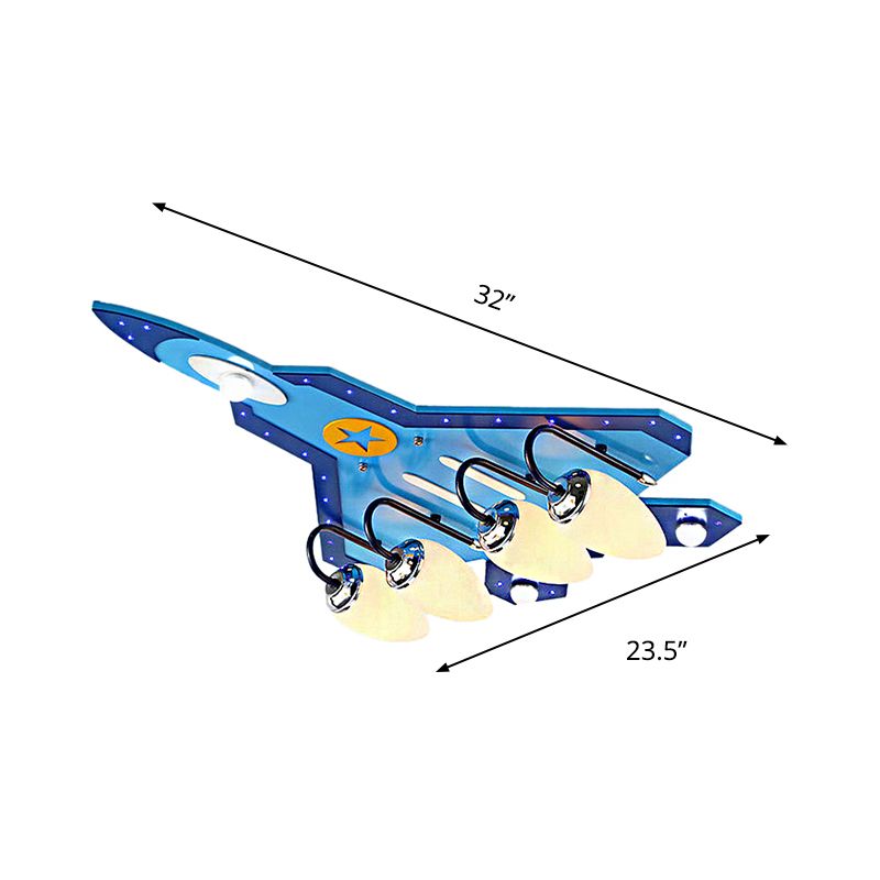 Kid Bedroom Fighter Plane Flush Mount Ceiling Light Metal 4 Bulbs Cartoon Blue Ceiling Light