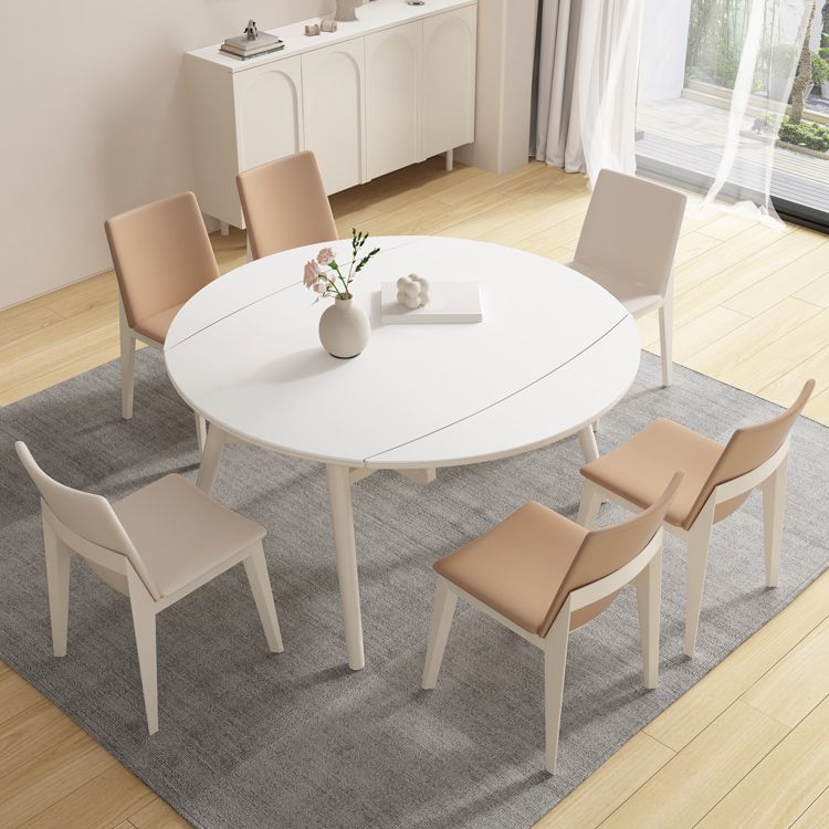 White Drop-Leaf Dining Table Round Sintered Stone Dinner Table for Dining Room