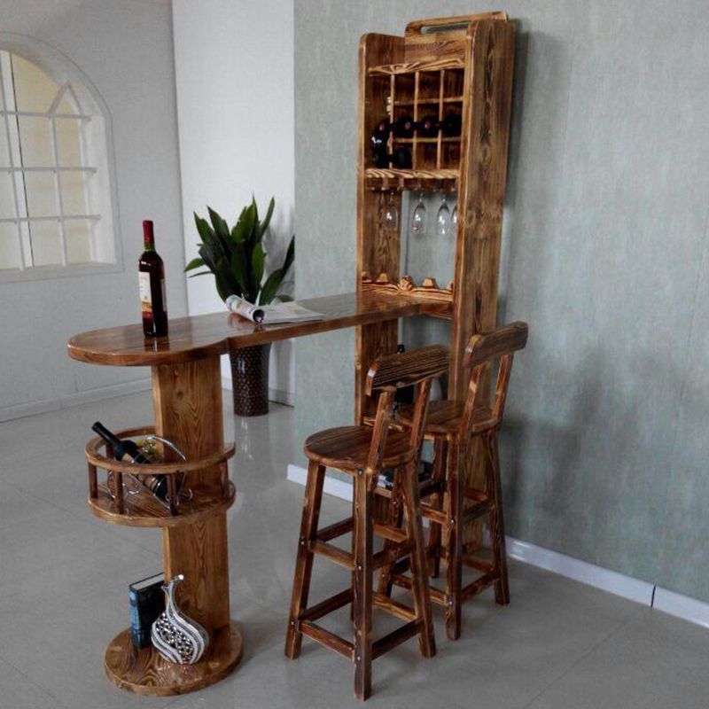 Brown Pine Wood Bistro Table with Wine Holder Pub Table for Home