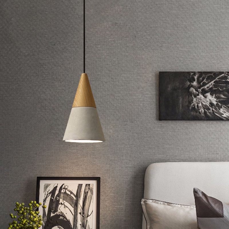 Cement Grey Hanging Light Kit Cone/Trapezoid/Can 1-Head 8.5"/10"/12" High Industrial Pendant Lamp Fixture with Wood Top
