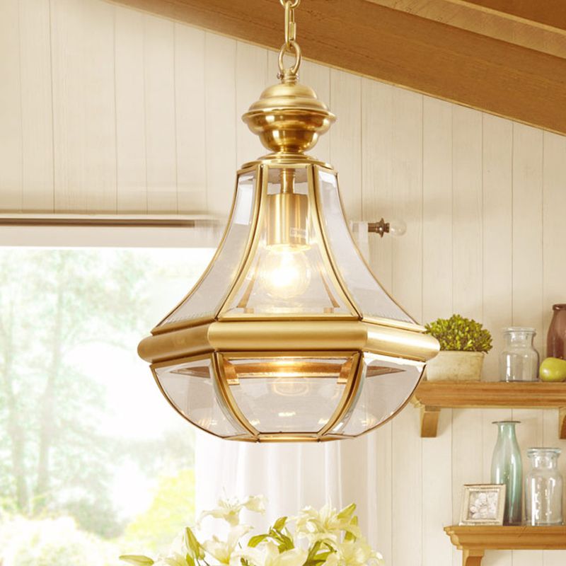 1-Light Hanging Light Minimalist Living Room Pendant Lamp with Pear Seeded/Clear Glass Shade in Polished Brass/Antique Brass