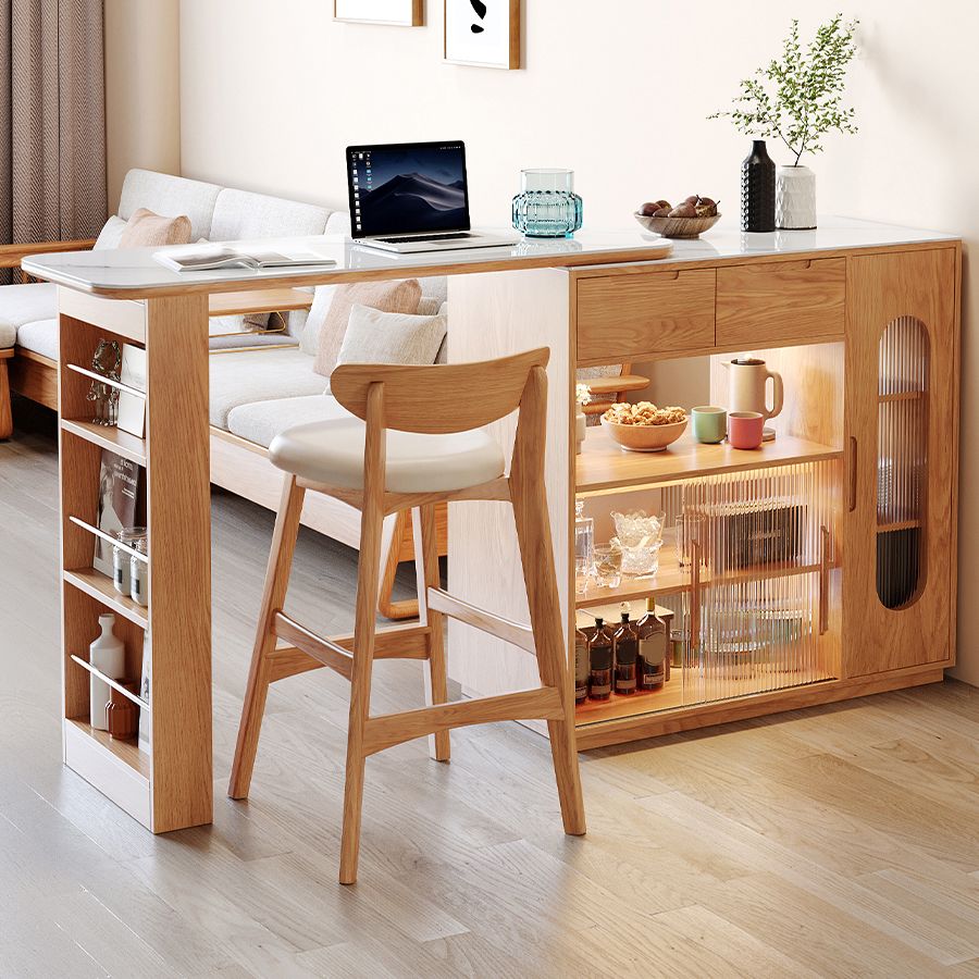 Stone Top Bar Table with Wooden Storage Rectangle Bistro Table for Small Places