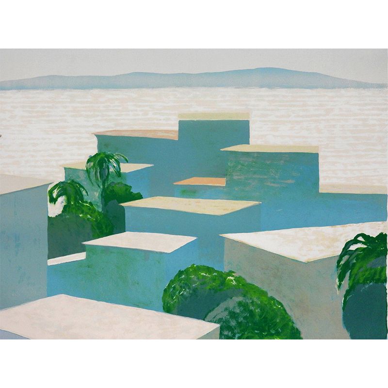 Non-Woven Fancy Mural Modern Aesthetics Riverside Building and Hill Wall Covering