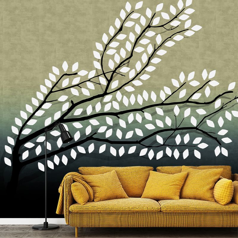 Yellow-Green Artistic Wall Murals Full Size Leafy Branch Wall Covering for Living Room