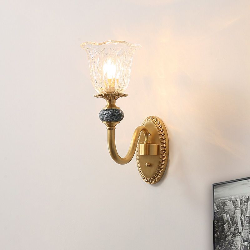 1/2 Heads Clear Glass Wall Sconce Vintage Brass Flower Bedroom LED Wall Mounted Lighting