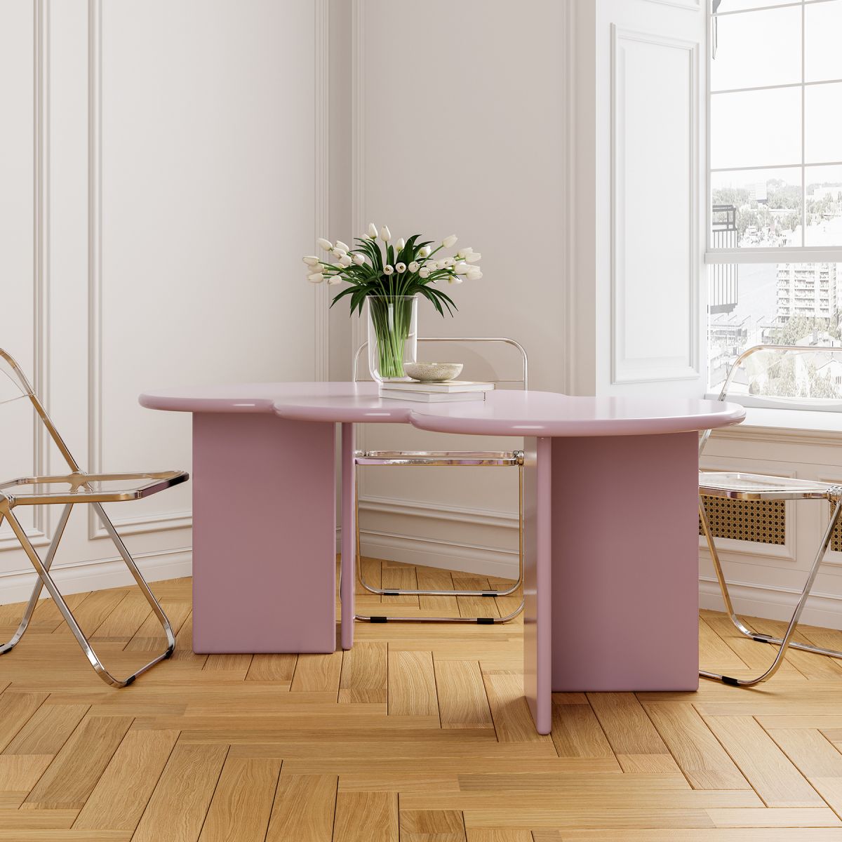 Free Form Solid Wood Dining Table Double Pedestal Furniture in Matte Finish