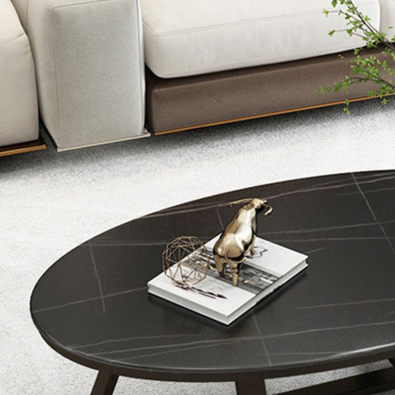 17.7" Tall Iron Cross Legs Cocktail Table Oval Slate Top Coffee Table