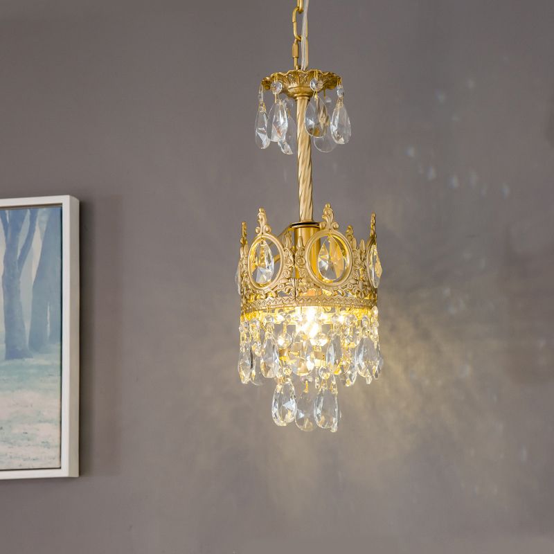 Gold Crown-Shape Ceiling Pendant Antique Metal Single Bedroom Hanging Lamp with Crystal Drops