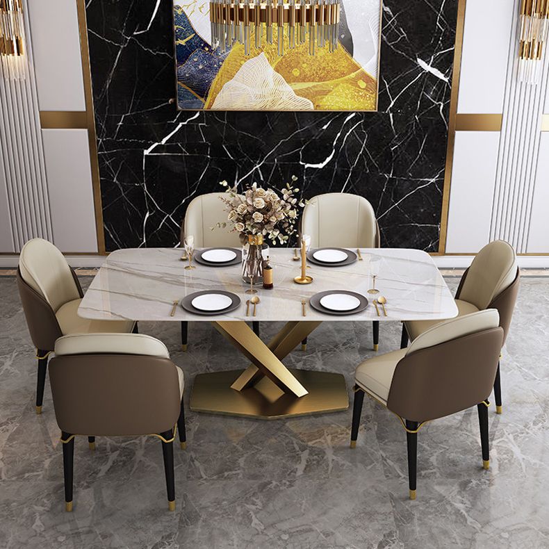 Rectangle Traditional Luxury Dining Table Sintered Stone Table with Gold Pedestal Base
