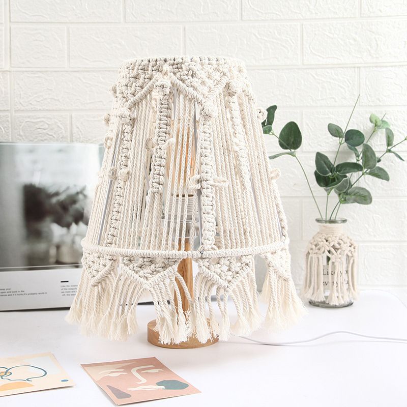 1 Kopf Nachttisch Lampe Country Tapered gewebte Seiltischleuchte mit Quastenrand in Gelb für Schlafzimmer