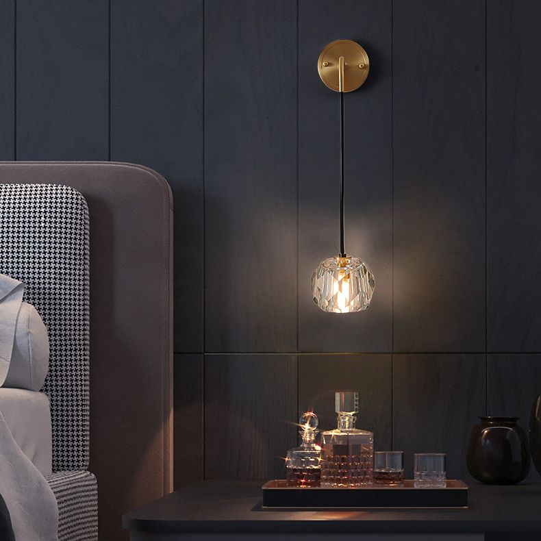 Gold Geometric Hanging Wall Lamp in Modern Luxury Style Copper Wall Sconce with Crystal Shade