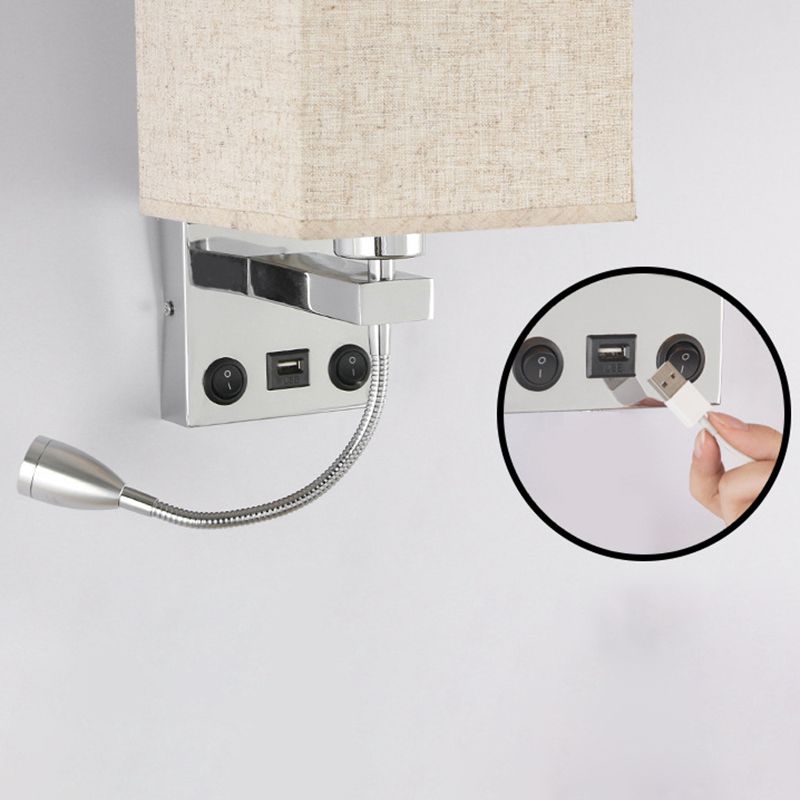 Modern Metal Wall Sconce Square Shape Wall Light with Fabric Shade for Bedroom