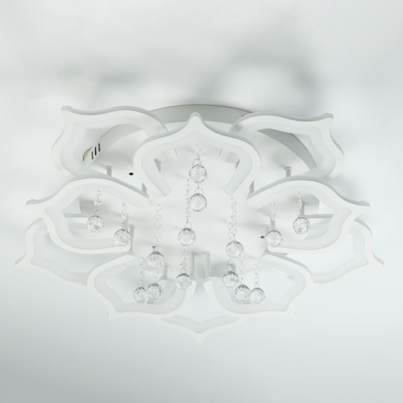 White Lotus Flush Ceiling Light Modernity LED Acrylic Semi Flush Mount with Crystal Decor