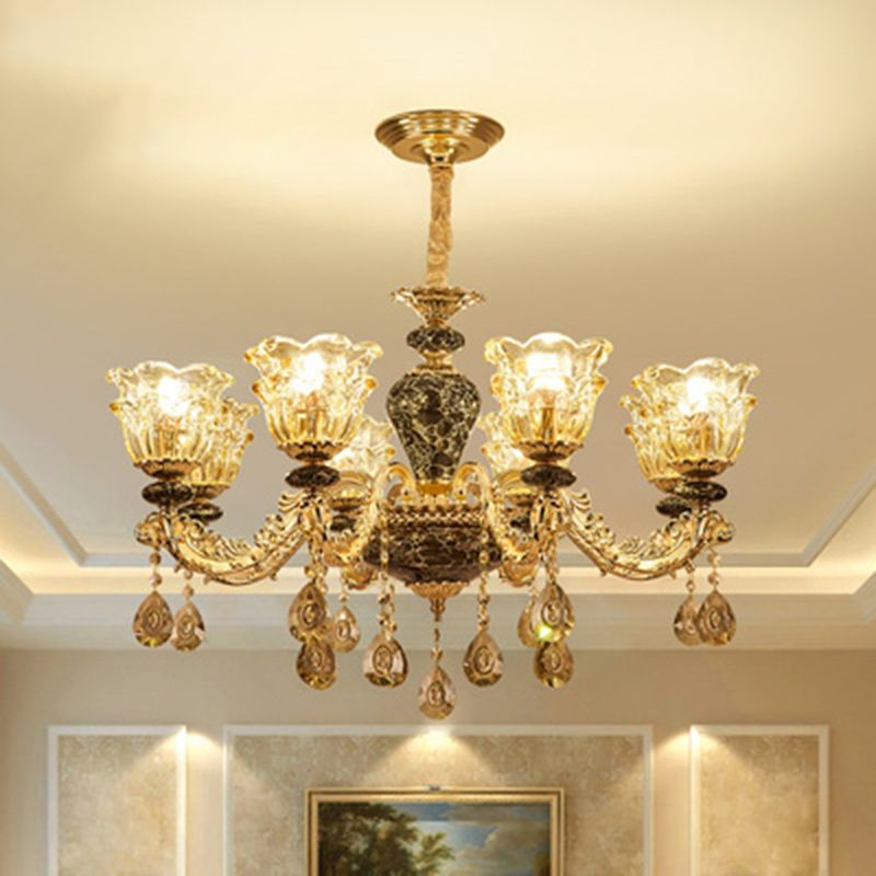 Clear Glass Flower Up Chandelier Traditional Bedroom Hanging Light Fixture in Coffee