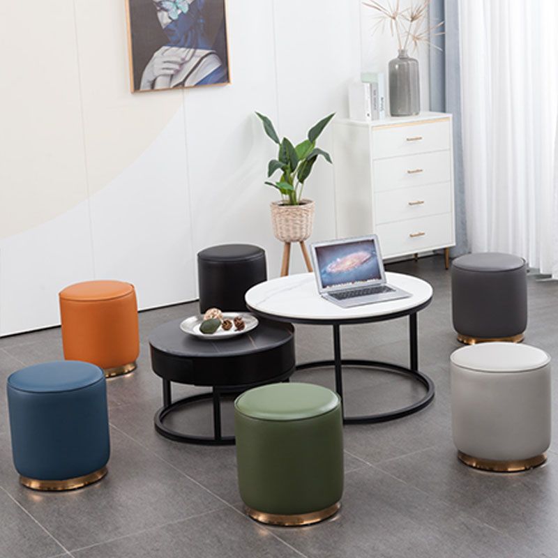 Glam Round Shape Ottoman Genuine Leather Upholstered Standard