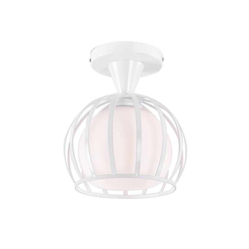 Opal Glass Half Globe Semi Flush Light Modern 1 Head White Ceiling Mount Lamp with Wire Cage Guard