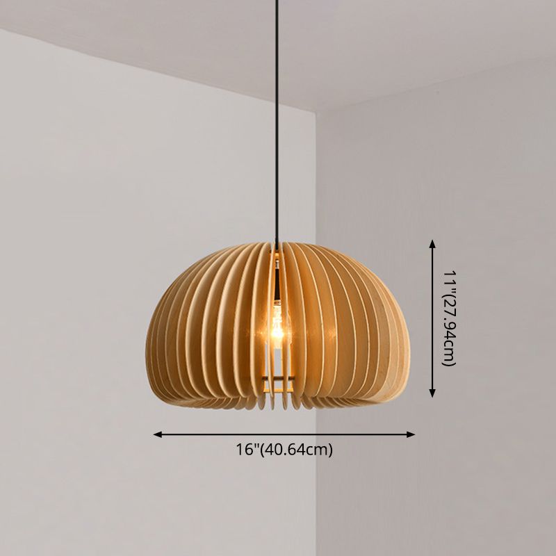 Wood Pumpkin Hanging Pendant Light Japanese Style Beige Pendant Lighting Fixture