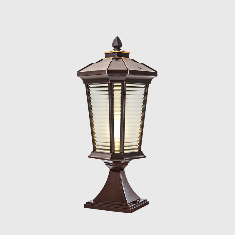 Metal Contemporary Pillar Lamp Pavilion Shape Outdoor Waterproof Light with Glass Shade