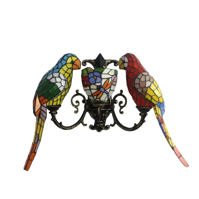 Petal and Butterfly Wall Sconce with Parrot 3 Heads Tiffany Stained Glass Wall Lamp for Study Room