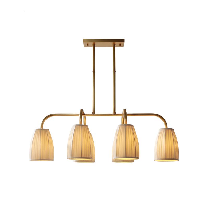 3/6 Bulbs Hanging Chandelier Rural Dress Shaped Pleated Fabric Pendant Ceiling Light in Gold over Dining Table