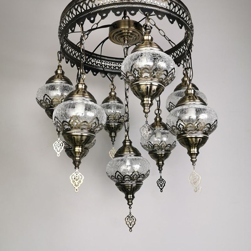 Bronze elliptische hangende plafondlicht vintage helder knetterglas 9-head slaapkamer hangkroonluchter kroonluchter