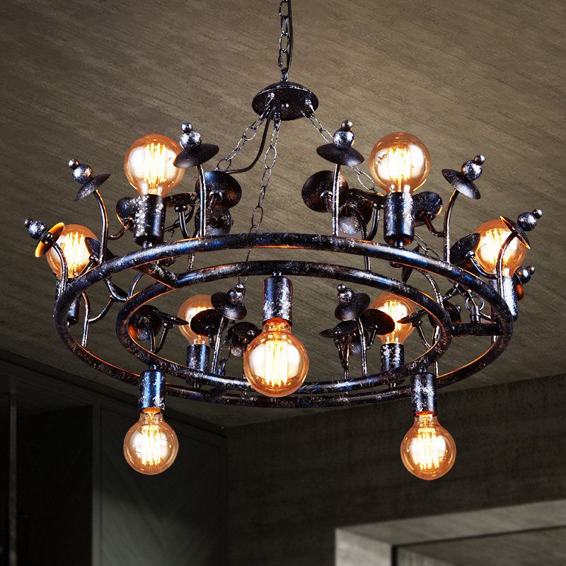 Multi Light Round Chandelier Light Open Bulb Metal Rustic Pendant Lighting in Black