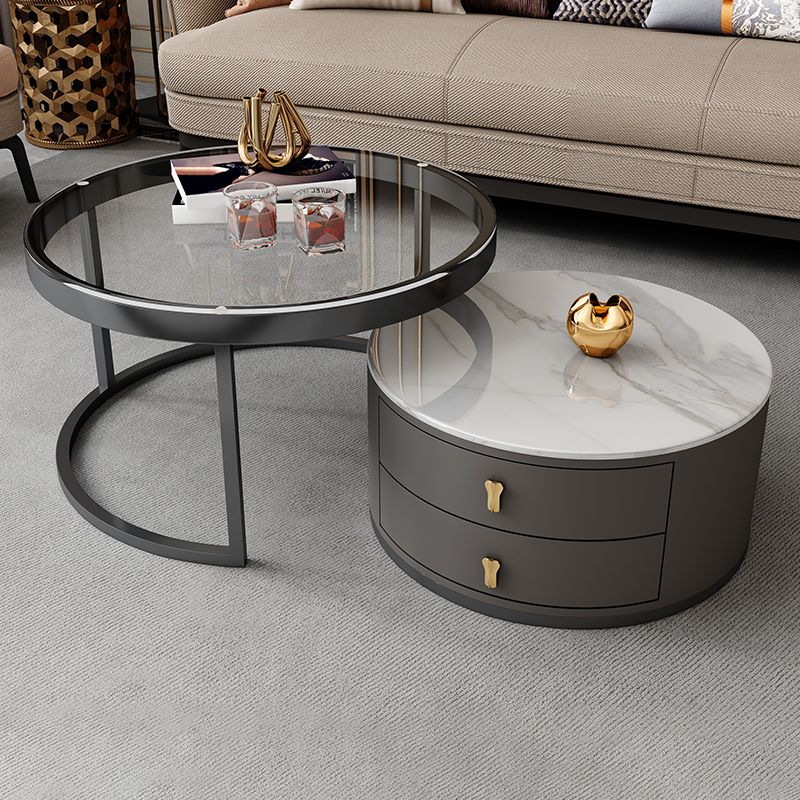 No Distressing Stone Coffee Table Frame Round Nesting Coffee Table Set with 2 Drawers