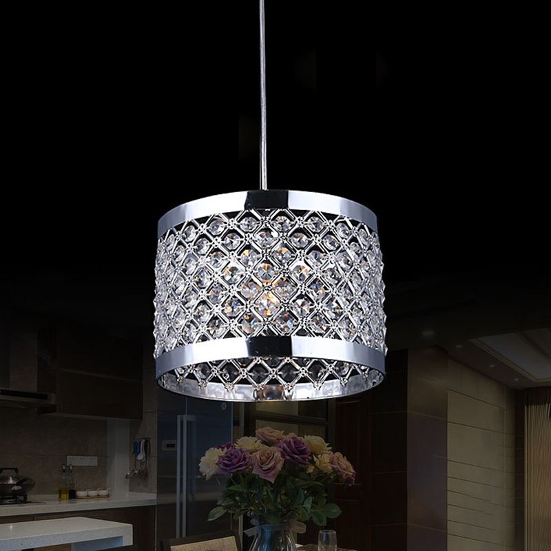 Metal Cylindrical Pendant Lamp Modern Style 1-Light Hanging Light with Crystal Beads