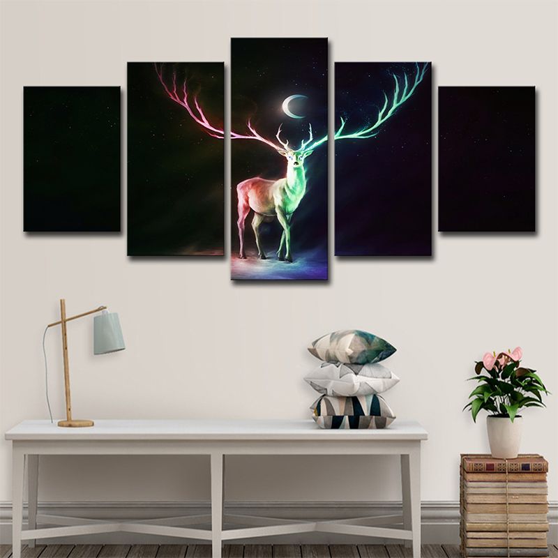Cartoon Elk and Crescent Canvas Print Green Child Bedroom Wall Art Decor, Multi-Piece