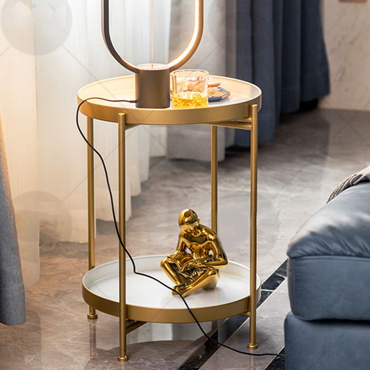 Mid-Century Round Tray Top Side Table Metal 4 Legs End Table with Shelf