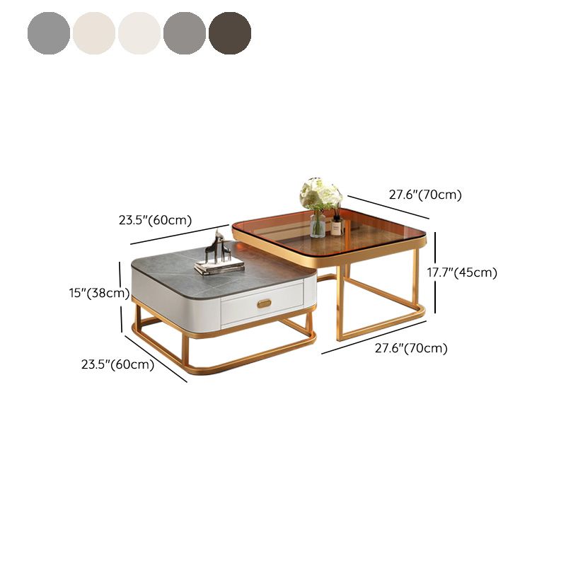 Modern Metal Frame Cocktail Table Square Glass / Slate Coffee Table with Drawer