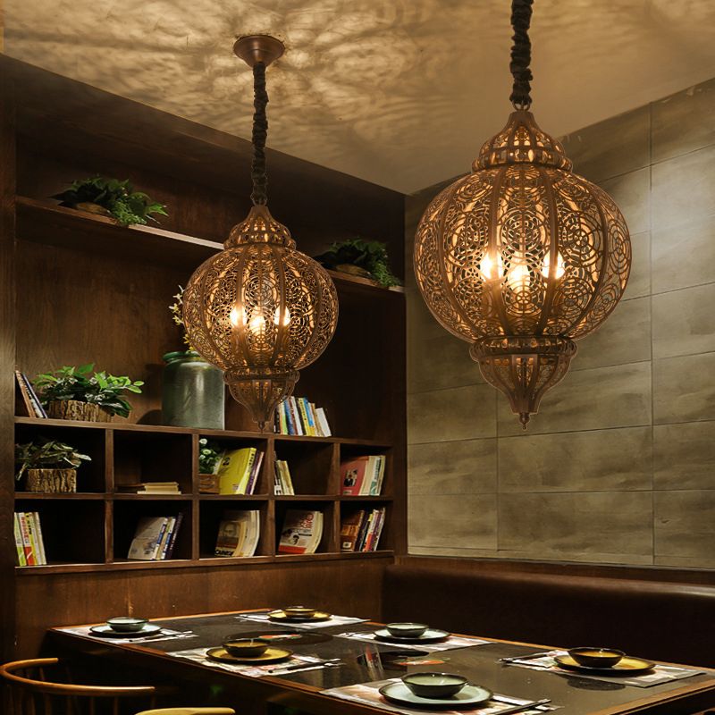 Bronze Globe Ceiling Hanging Lantern Turkish Iron 3-Light Restaurant Hollowed out Chandelier Lamp