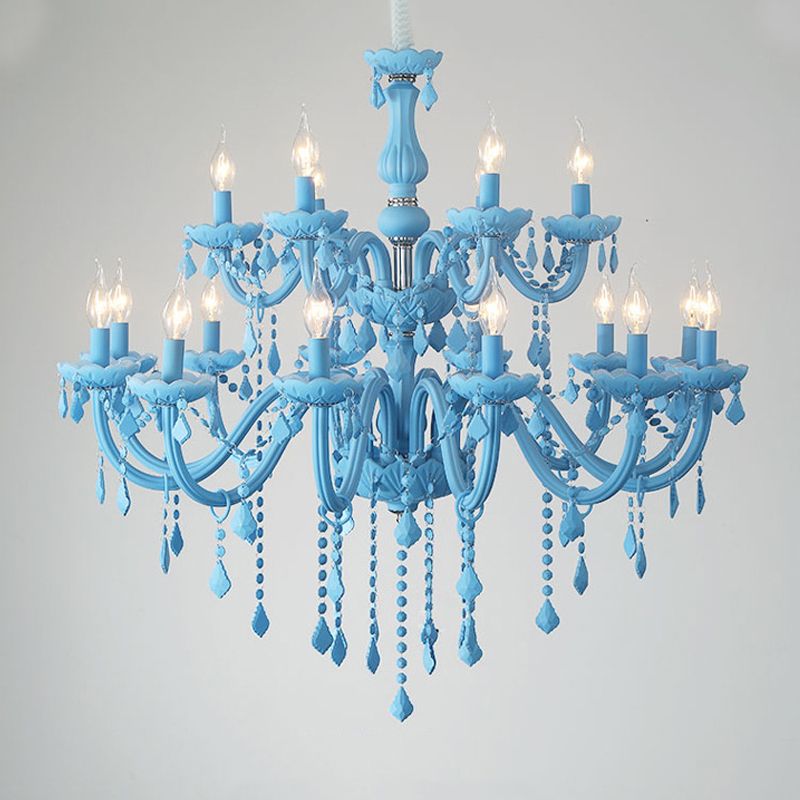 Multi Light Candle Branch Hanging Pendant Modern Style Crystal Hanging Lighting in Blue