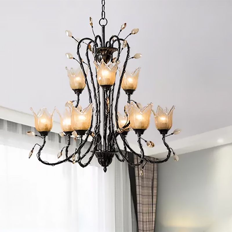 Black 9 Lights Chandelier Light Fixture Country Amber Glass Flower Shaped Pendant Lamp for Dining Room