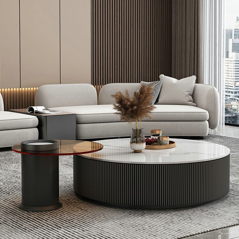 Slate Top Coffee Table Set Drum Cocktail Table with 2 Drawers