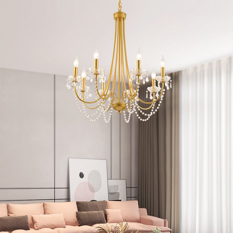 Candle Suspended Lighting Fixture American Style Multi-Head Hanging Pendant Lights with Crystal Bead