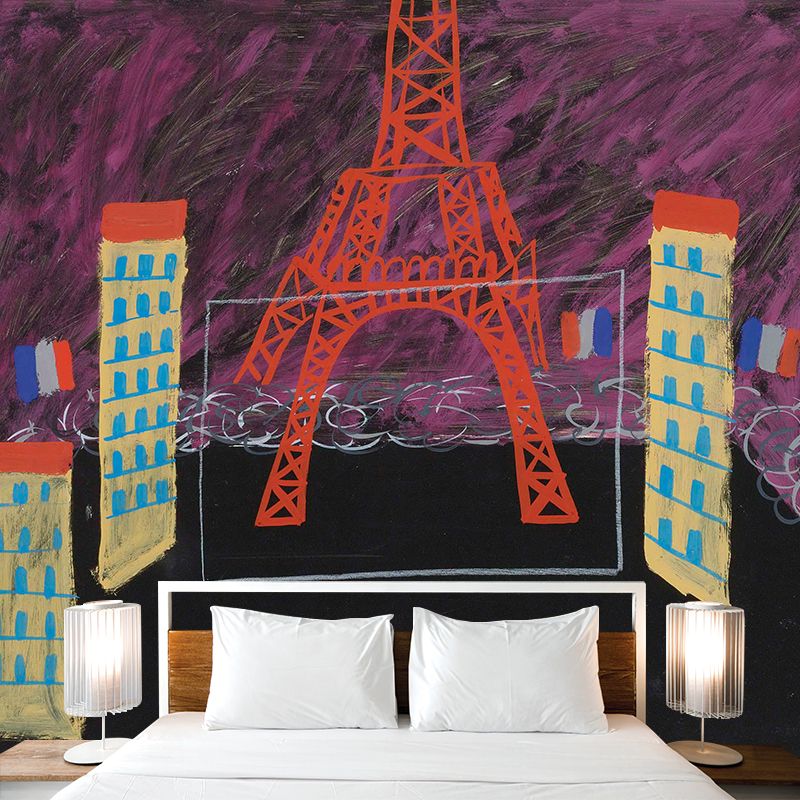 Modern Art Eiffel Tower Mural Rose Red-Black Stain Resistant Wall Decor for Living Room