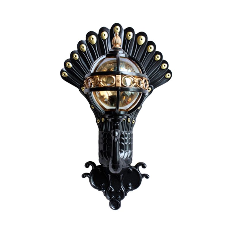 Amber Glass Ball Wall Lighting 1 Bulb Courtyard Wall Mounted Light in Black with Peacock Tail Backplate