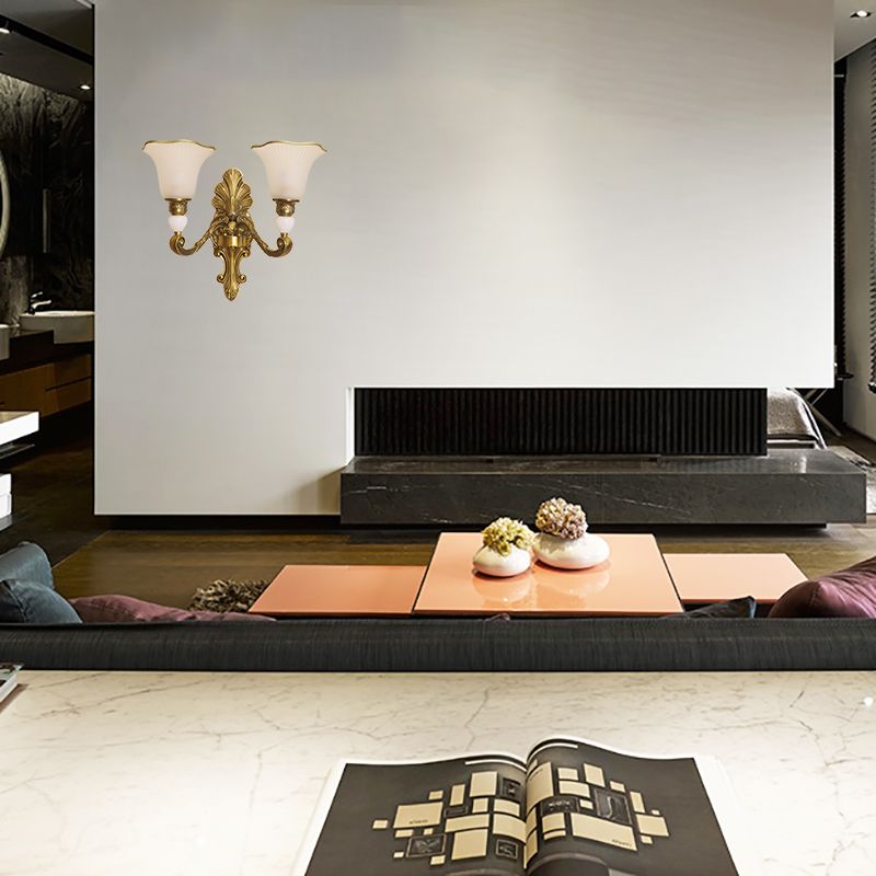 2 Heads Petal Sconce Lamp Traditional Style Frosted Glass Wall Lighting with Gold Metal Arm