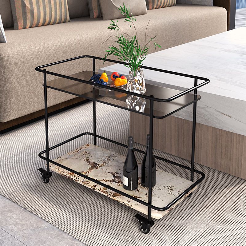 Modern Glass Top End Table with Casters Rectangular 25.6" W Shelf Included Side Table