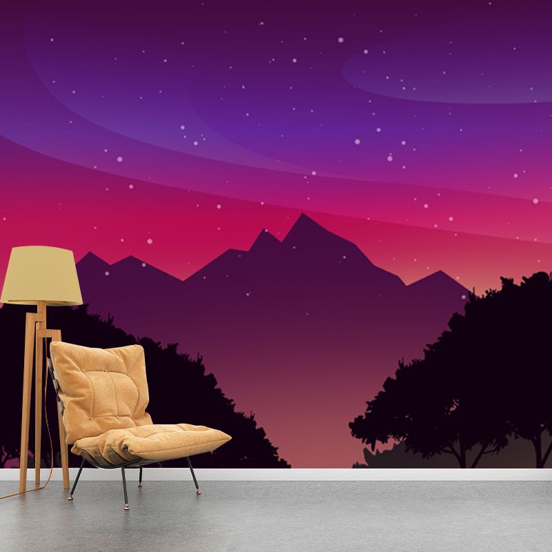 Modern Forest Starry Night Mural Purple-Red Stain Resistant Wall Art for Bedroom