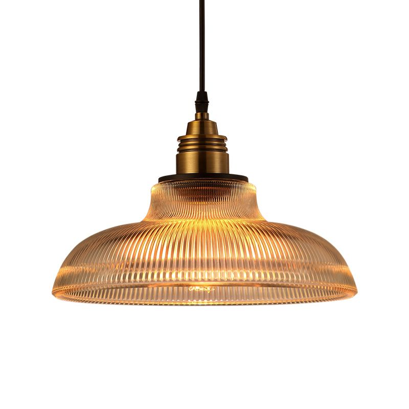 Brass Dome Pendant Ceiling Light Farmhouse Ribbed Glass 1 Light Living Room Hanging Lamp