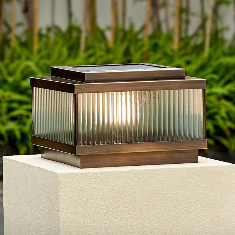 Rectangular Shape Metal Solar Pillar Lamp Modern Style 1 Light Outdoor Light in Bronze