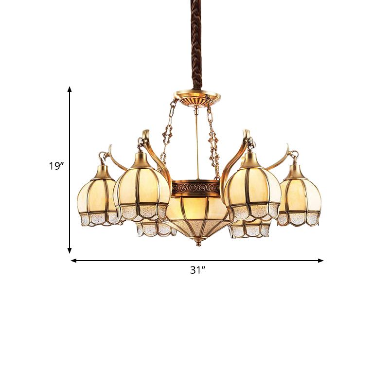 Goldene blumförmige Kronleuchterbeleuchtung kolonialer gefrosteter Glas 9 Lichter Wohnzimmer Hängende Anhängerlampe